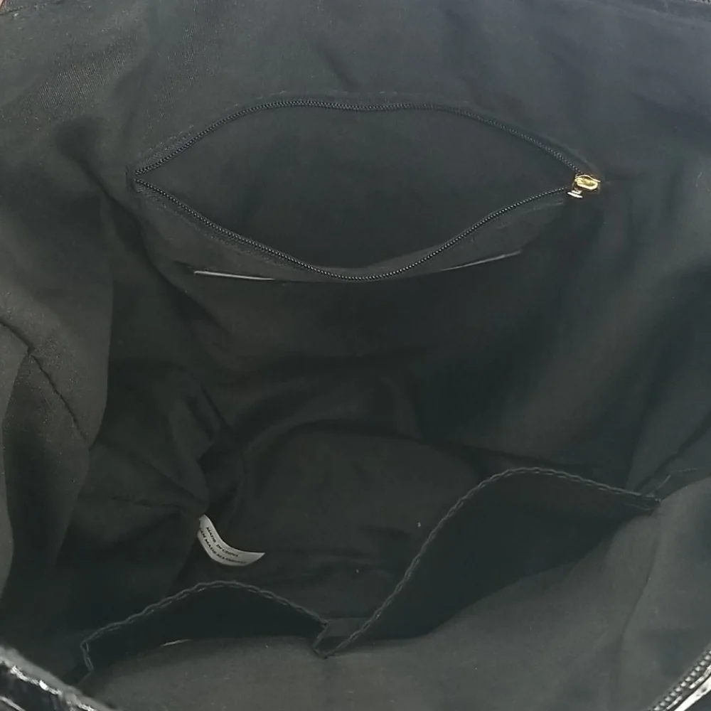 Black Patent Leather Hobo Shoulder Bag with Gold Accents by‎ Sandra Roberts